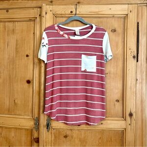 2 for $20 7th Ray Mauve and White Striped Tee with Floral Accents. L